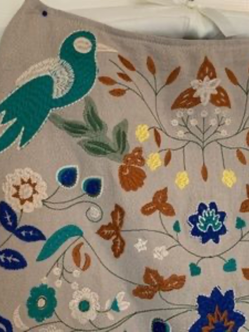 Embroidered Cream Skirt Green Birds Floral Topical Pom Pom Detail Umgee Small - Picture 2 of 7